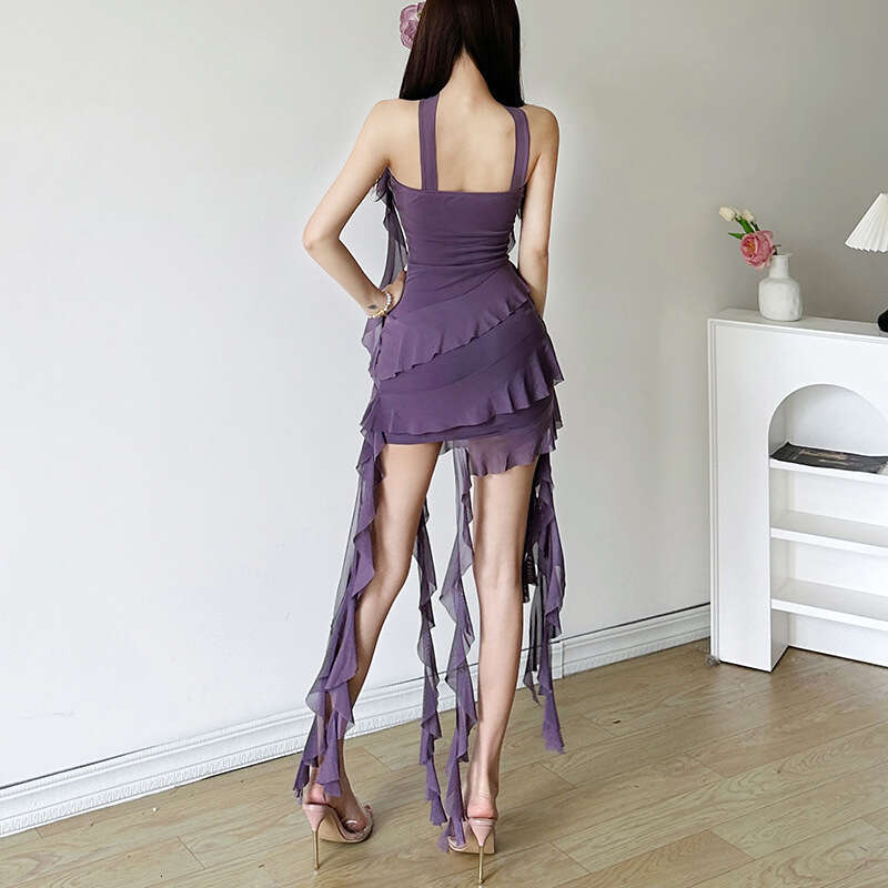 2024 Summer New Women's Solid Color Slim Fit High Waist Fashion Off-Shoulder Halter Dress 98a