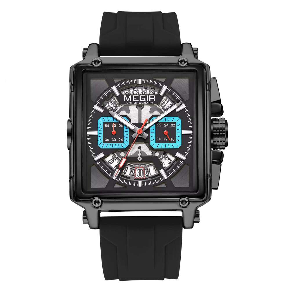 DHwatches MEGIR Men's Square Sports Watch - Chronograph, Luminous, 30M Waterproof, Silicone Strap, Fashion Wristwatch