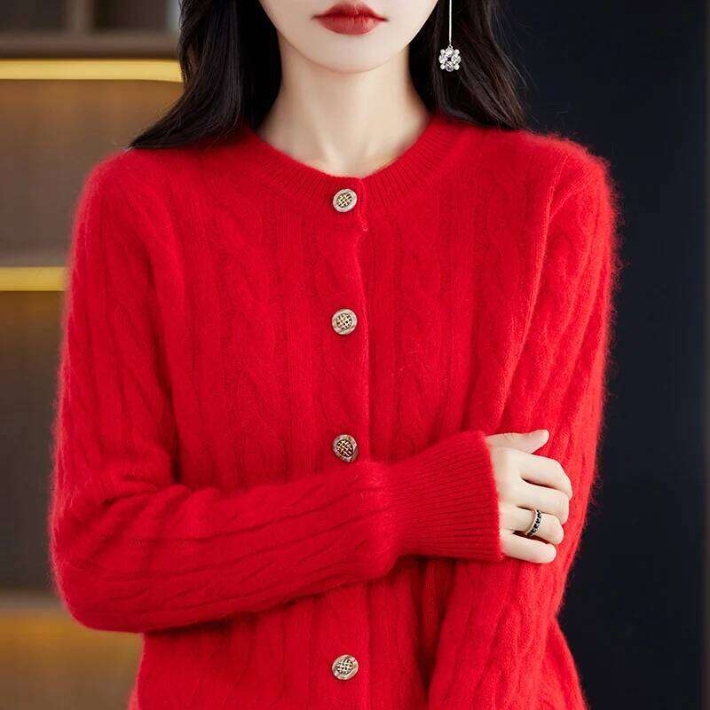 100% Mink Cashmere Cardigan Sweater Women's Knitted O-Neck Long Sleeve Top Casual Loose Fitting Clothing Korean Fashion Pullover MDNG
