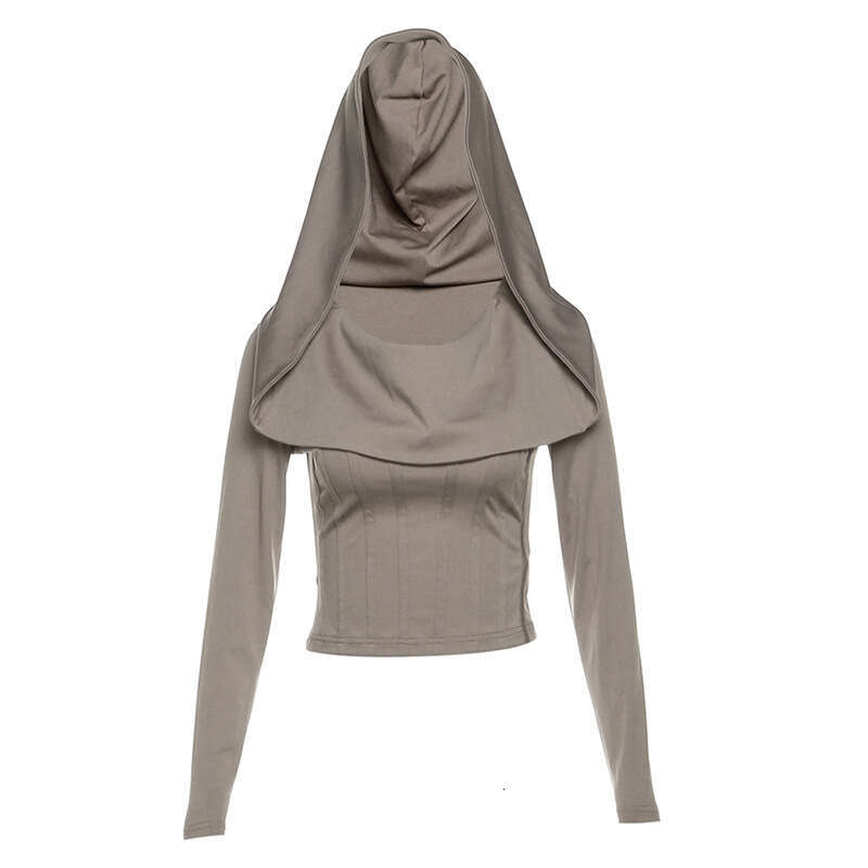 Women's Clothing 2023 Autumn and Winter New Solid Color Fashion Sexy Long Sleeve Hooded Crop Top T-Shirt 152