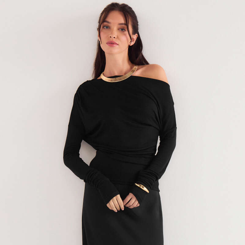 Ytp591 Autumn Winter Women's Sexy Asymmetrical Neck Off-Shoulder Ruched Waist Solid Color Short Top T-Shirt B5