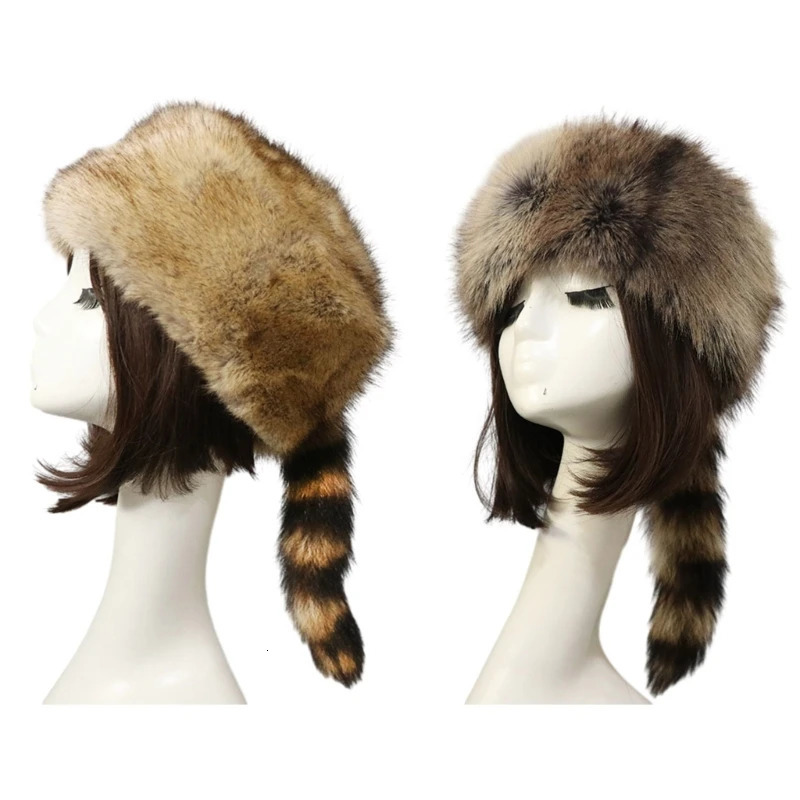 Plush Russian Style Flat Top Hat Winter Mongolian Hat Thickened Plush Raccoon Tail Hat for Adults Teens Keep Warm Hat Wholesale 250724