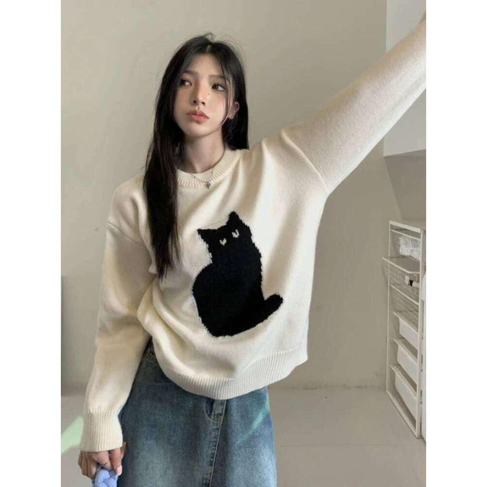 Sweet Cartoon Cat Jumper Warm Sweater Women Japanese Loose Vintage Knit Fashion Top Kawaii Girls ins Winter 2022 New