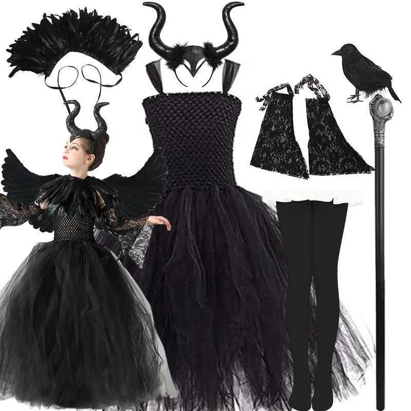 Halloween Maleficent Costume for Girls Cosplay Evil Queen Dress Up Costumes Witch Devil Black Mesh Princess Dress Wings Bird 12Y Z250725