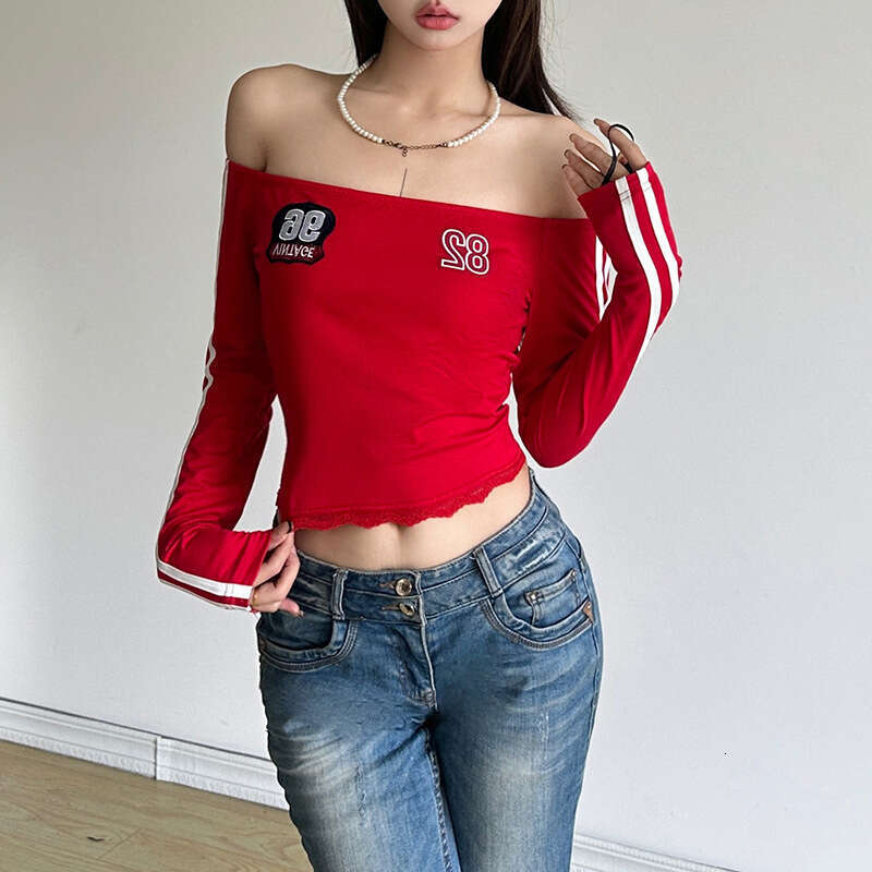 2024 Autumn New Women's Solid Color Slim Street Fashion Off-Shoulder Printed Long Sleeve Top 032