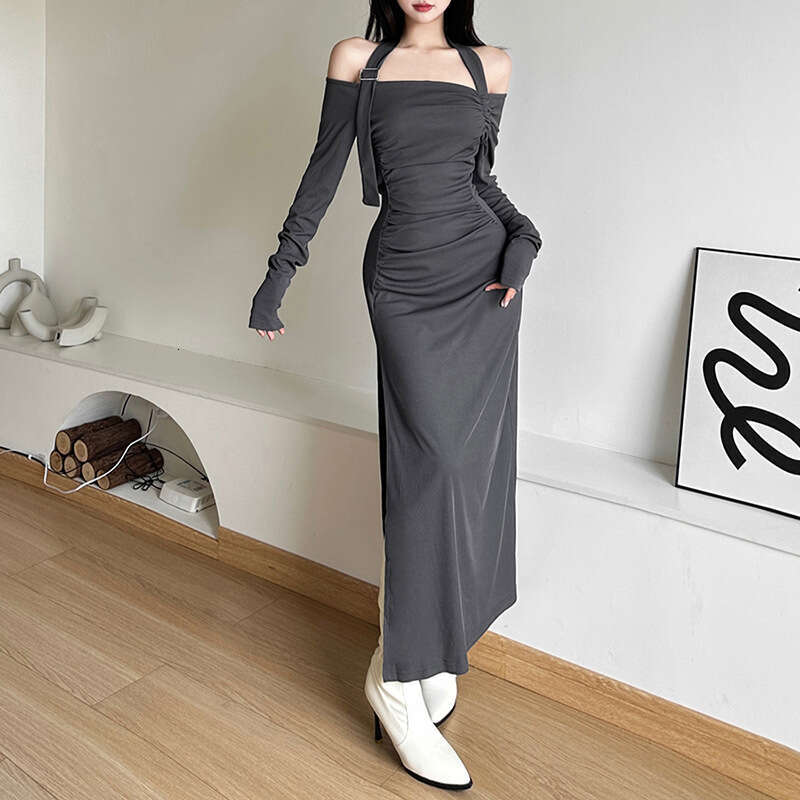 2023 Autumn New Women's Solid Color Slim Fit Fashion Off-Shoulder Long Sleeve Split Dress d74