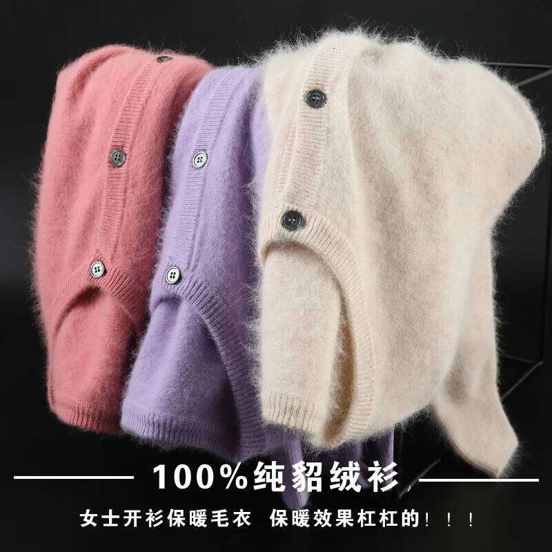 Women Cardigan Large Size Warm Pure Mink Cashmere Sweaters O-Neck Loose Coat Female Sweater Ladies' Jacket Solid Knit Cardigans MDNG