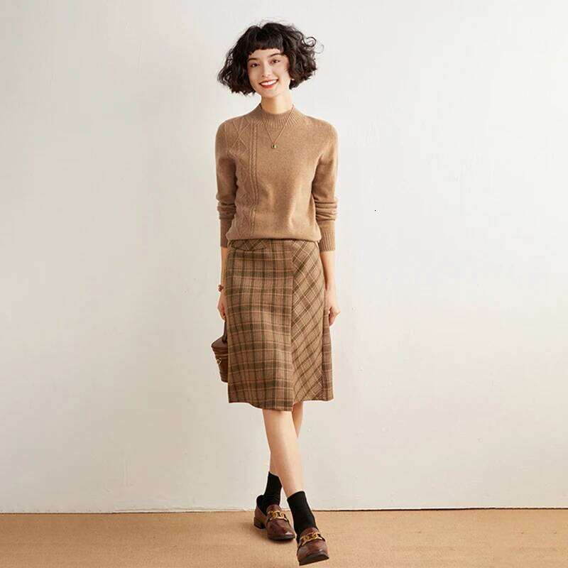 Women's Pullover Autumn/Winter 100% Pure Cashmere Casual Solid Knit Sweater Half Turtleneck Loose Tops All-Match Blouse MDNG