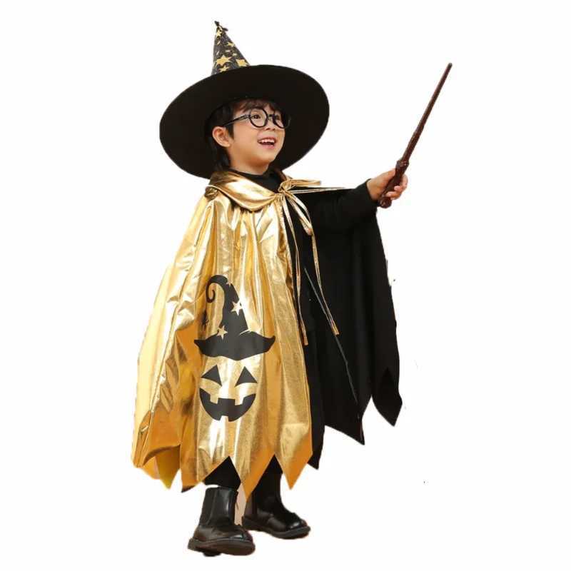 Kids Halloween Unisex Witch Cosplay Cloak + Witch Hat 2 Piece Costume Carnival Par Fancy Gold Black Color Blocking Dress Cape Z250725