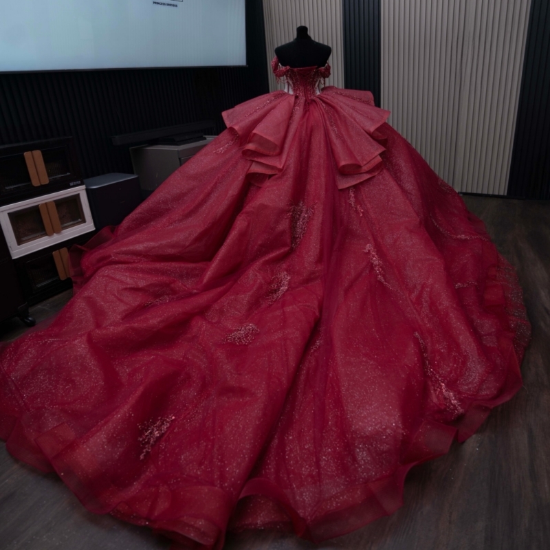 Red Shiny Quinceanera Dresses Ball Gown Off The Shoulder Sequin Applique Beading Tull Party Birthday Sweet 16 Dress Vestidos 15 De Anos