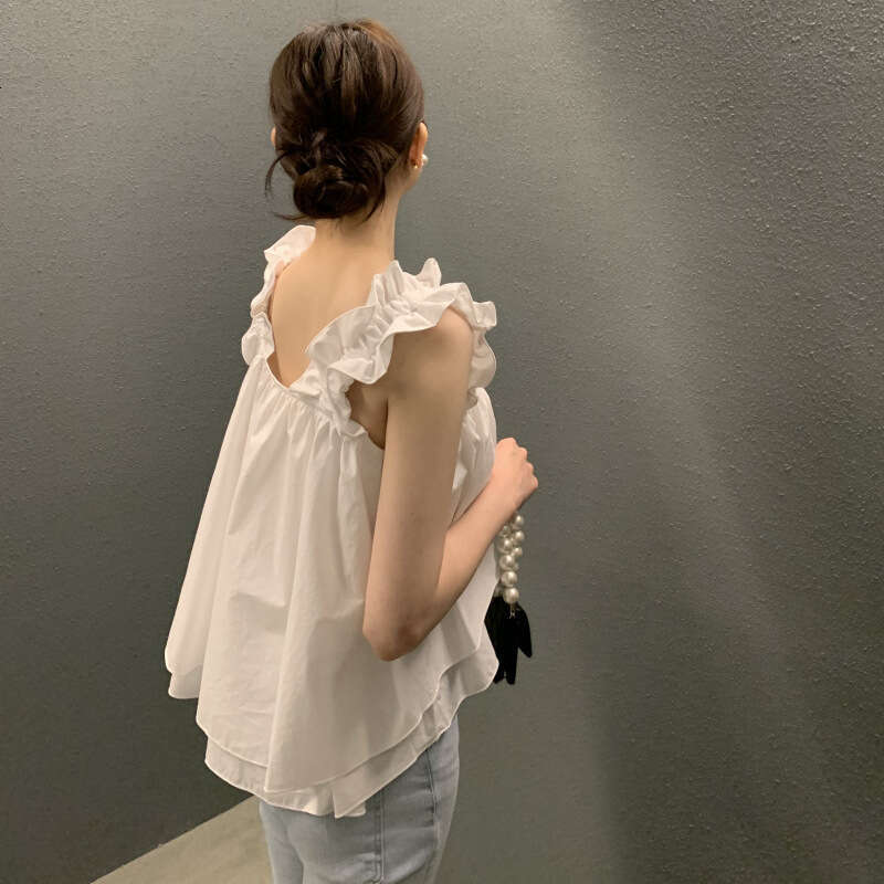 SXZY Summer Korean and Japanese New Loose Slimming Niche Design Front Short Back Long Ruffle Vest Top for Women