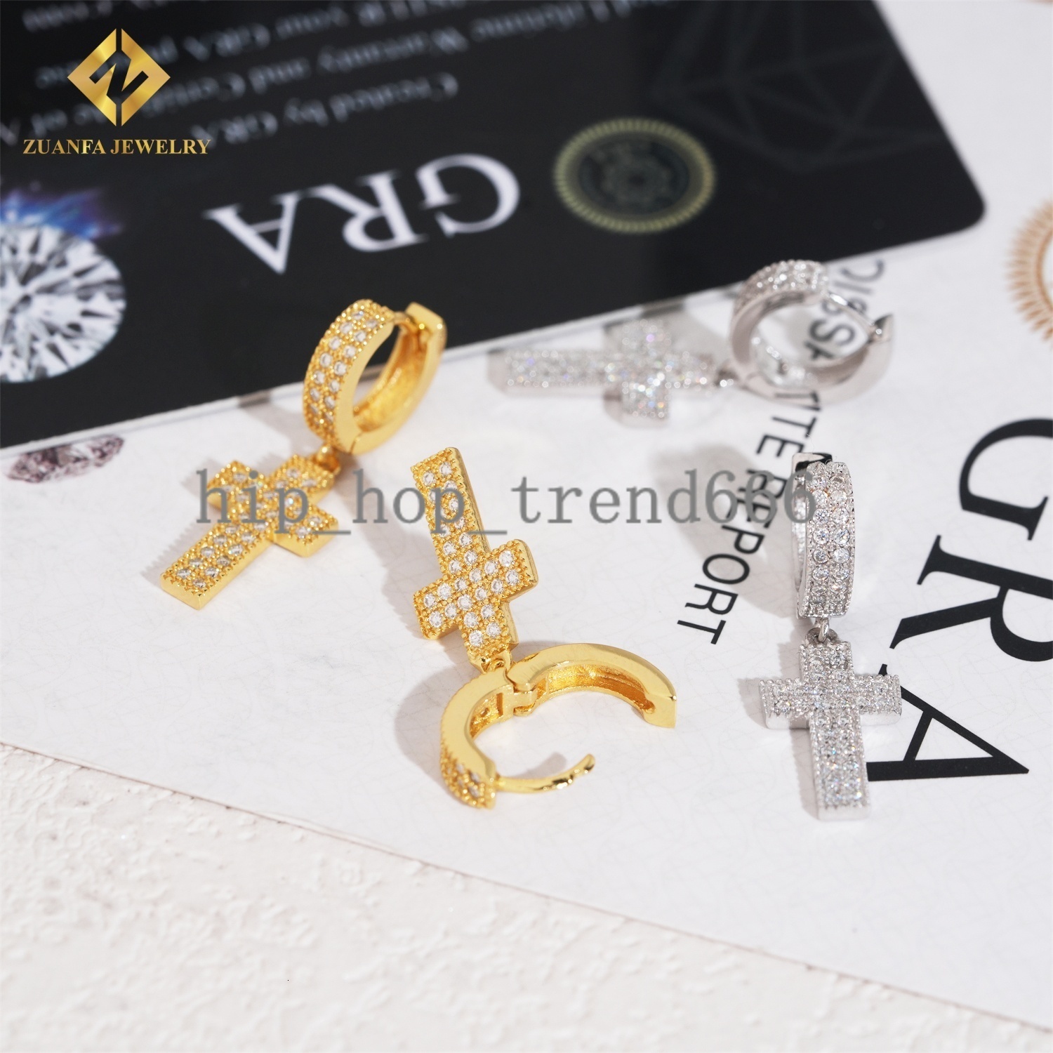 Wholesale Mens Drop Earrings Collection D VVS Moissanite Iced Out Diamond Hiphop Jewelry 925 Silver Cross Hoop Earrings