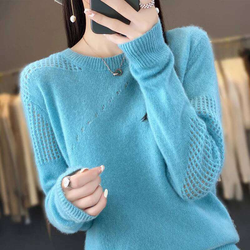 Autumn/Winter New 100% Pure Wool Sweater Casual Solid Color Knit Blouse Round Neck Hollow Tops Loose Fashion Ladies Pullover MDNG