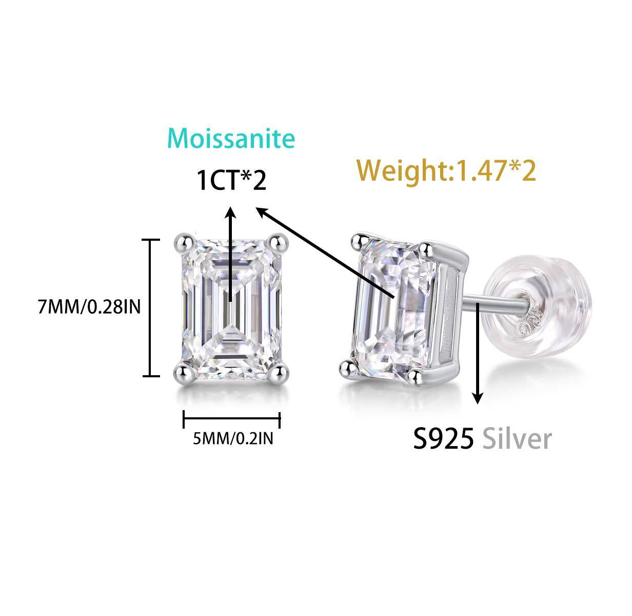 Wholesale Solid 925 Silver Moissanite Earrings 1ct Emerald Cut GRA Certified VVS D Color Earring Moissanite Jewelry Stud Earring