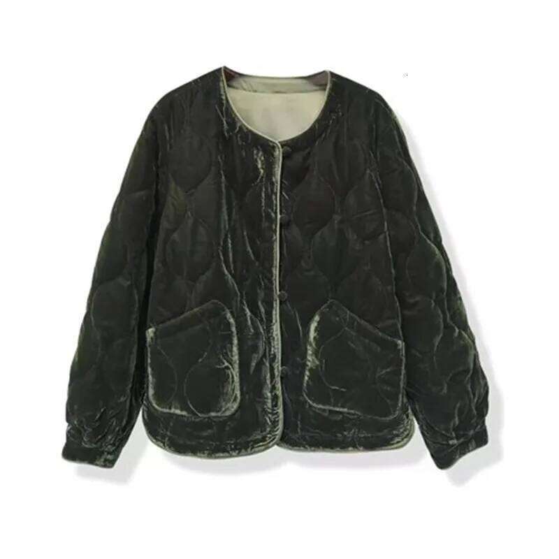Limiguyue O-Neck Retro Cotton Jacket Women Casual Pocket Green Veet Coat Winter Long Sleeve Loose Warm Clothing Versatile F629