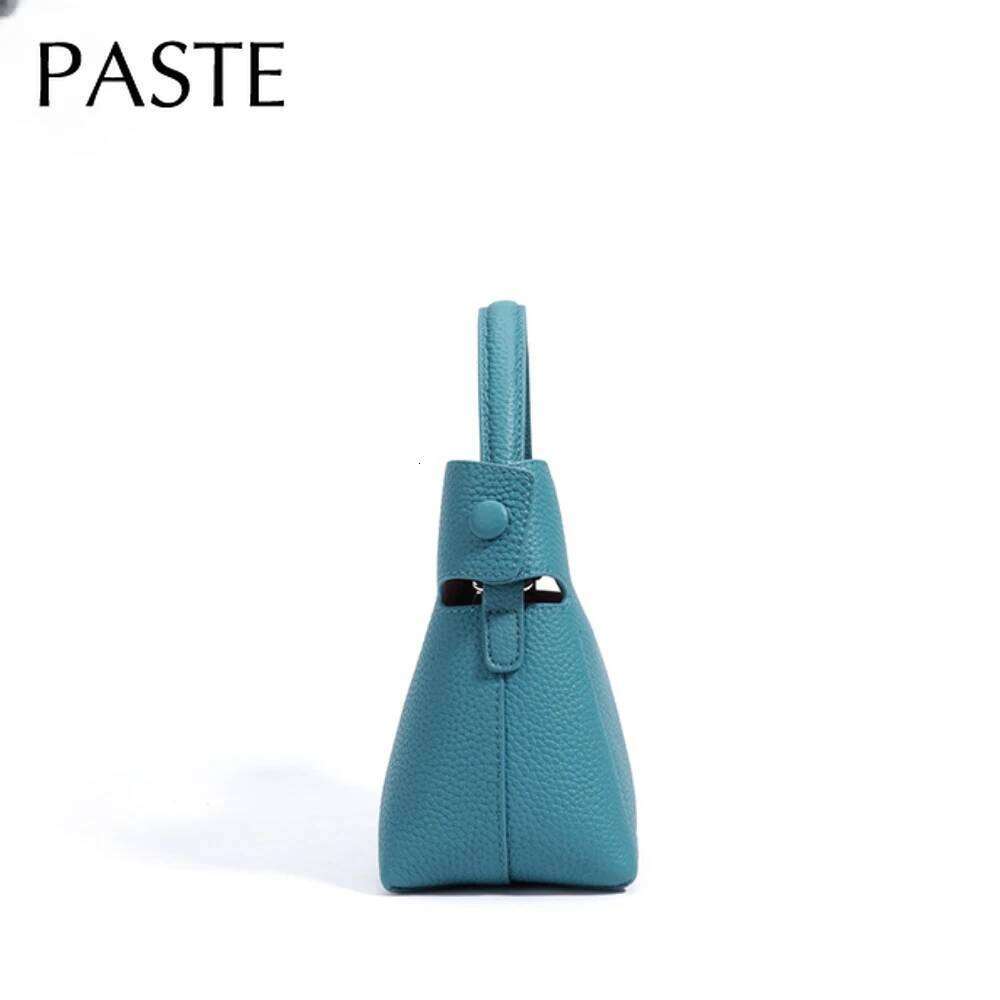 New Summer Blue Color High-end Small Bucket Tote Buckle Close Design Genuine Cow Leather Women Shoulder Bag Handbag