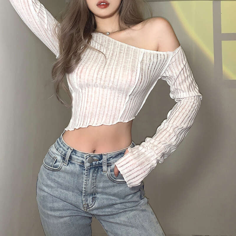 2024 Autumn New Women's Fashion Solid Color Slim Fit Crop Top Irregular Asymmetric Shoulder Long Sleeve T-Shirt 393