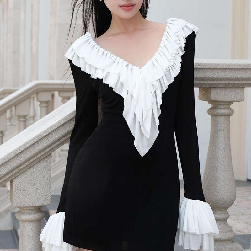 2024 Autumn New Women's Solid Color Slim Fit High Waist Fashion V-Neck Long Sleeve Dress 97b