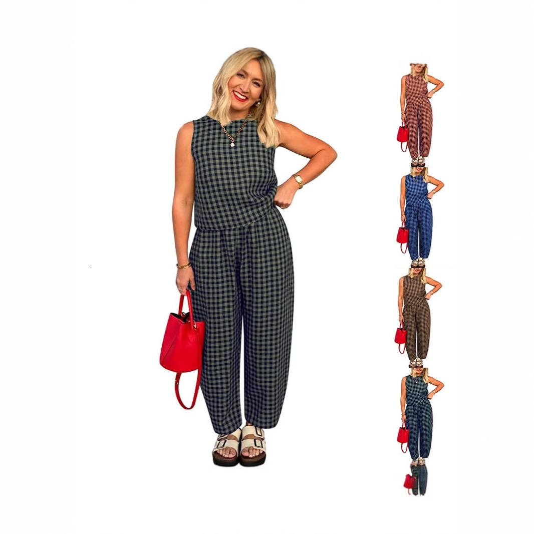 2025 Womens TK New Solid Color Plaid Loose Casual Sleeveless Vest and Long Pants Set