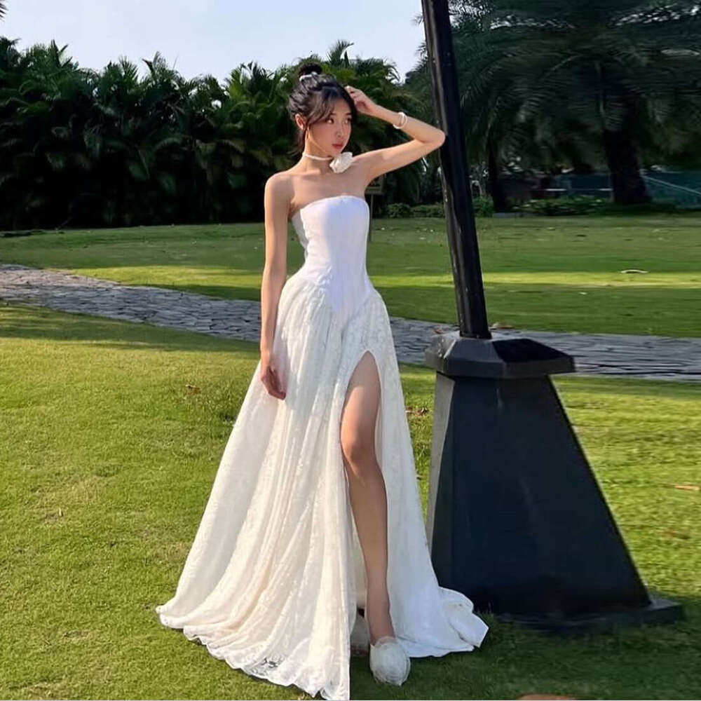2025 Summer New Solid Color High-Cut Waist-Cinching Slim Fit Elegant Slimming Strapless Long Dress Women's Fashion 7d1