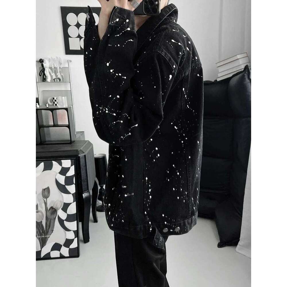 Men's 2025 Spring Autumn Loose Trendy Male Handsome Long Sleeve Tooling Coats Casual Denim Jacket Splash Ink Point Jackets