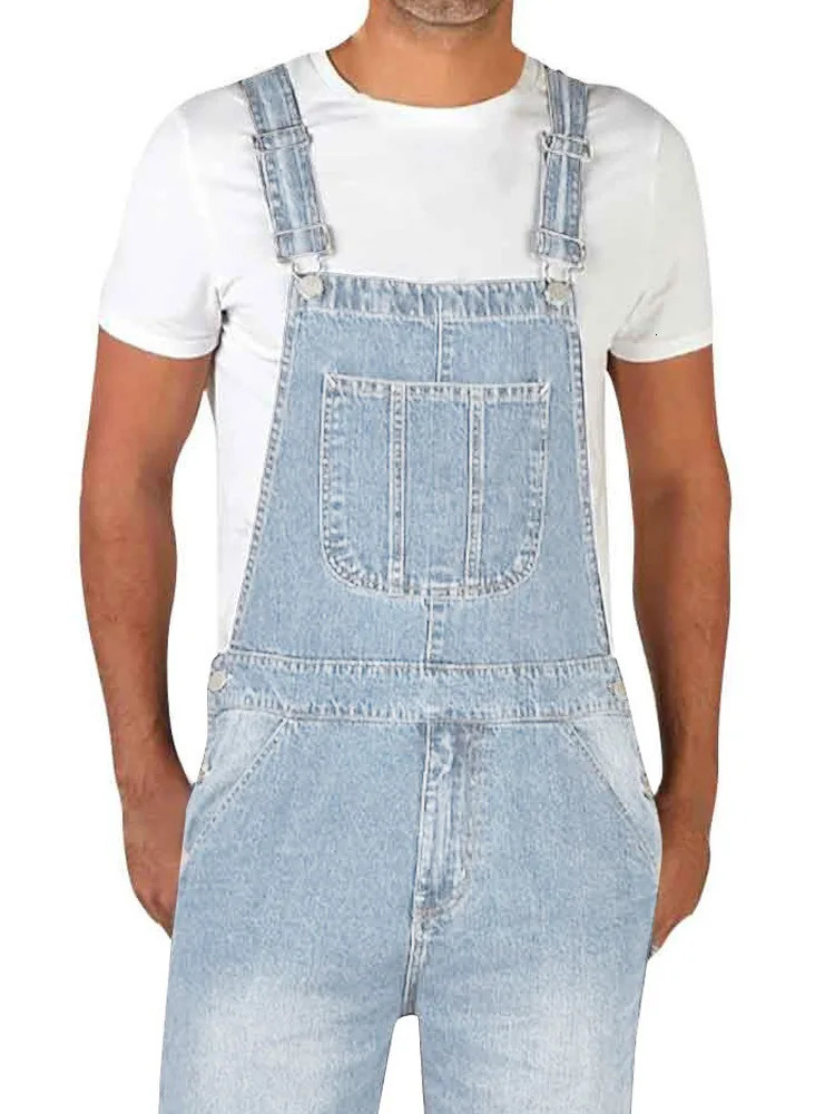 Overalls Jeans Men Ankle Length Jumpsuits Straight Pants Spliced Pockets Loose Vintage Wash Denim Casual Solid 250725