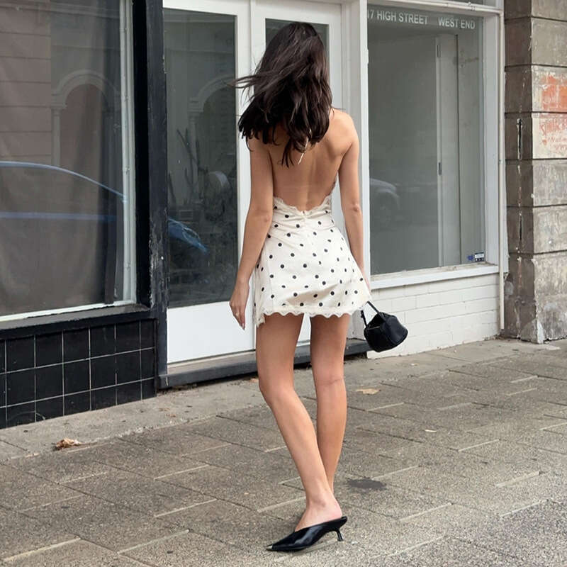 2025 Summer New Fashion Sexy Halter Lace Trim Polka Dot High Waist Dress 03c