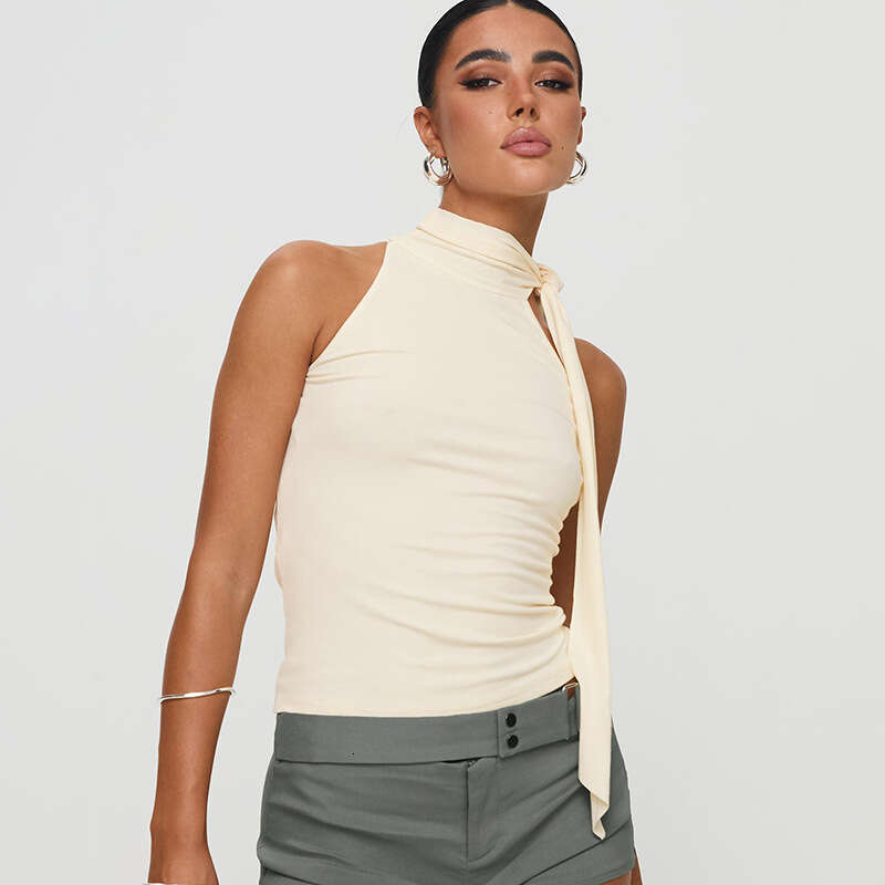 Dtp380 Women's Summer New Solid Color Sleeveless High Neck Tie Ribbon T-Shirt Top B5
