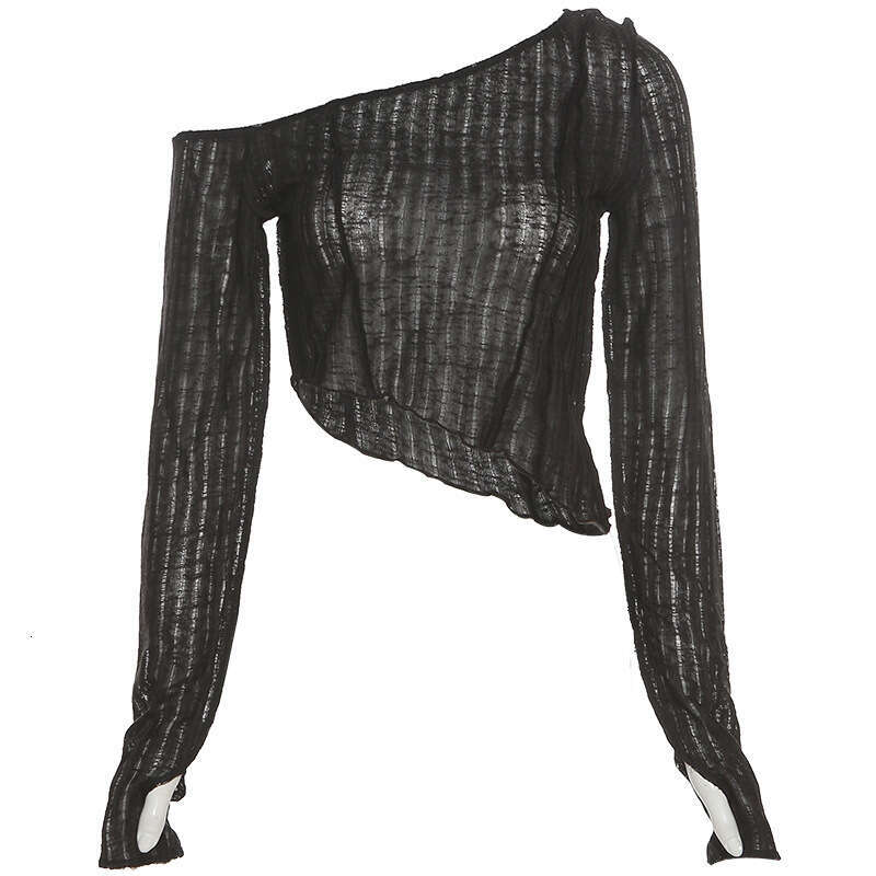 2024 Autumn New Women's Fashion Solid Color Slim Fit Crop Top Irregular Asymmetric Shoulder Long Sleeve T-Shirt 393