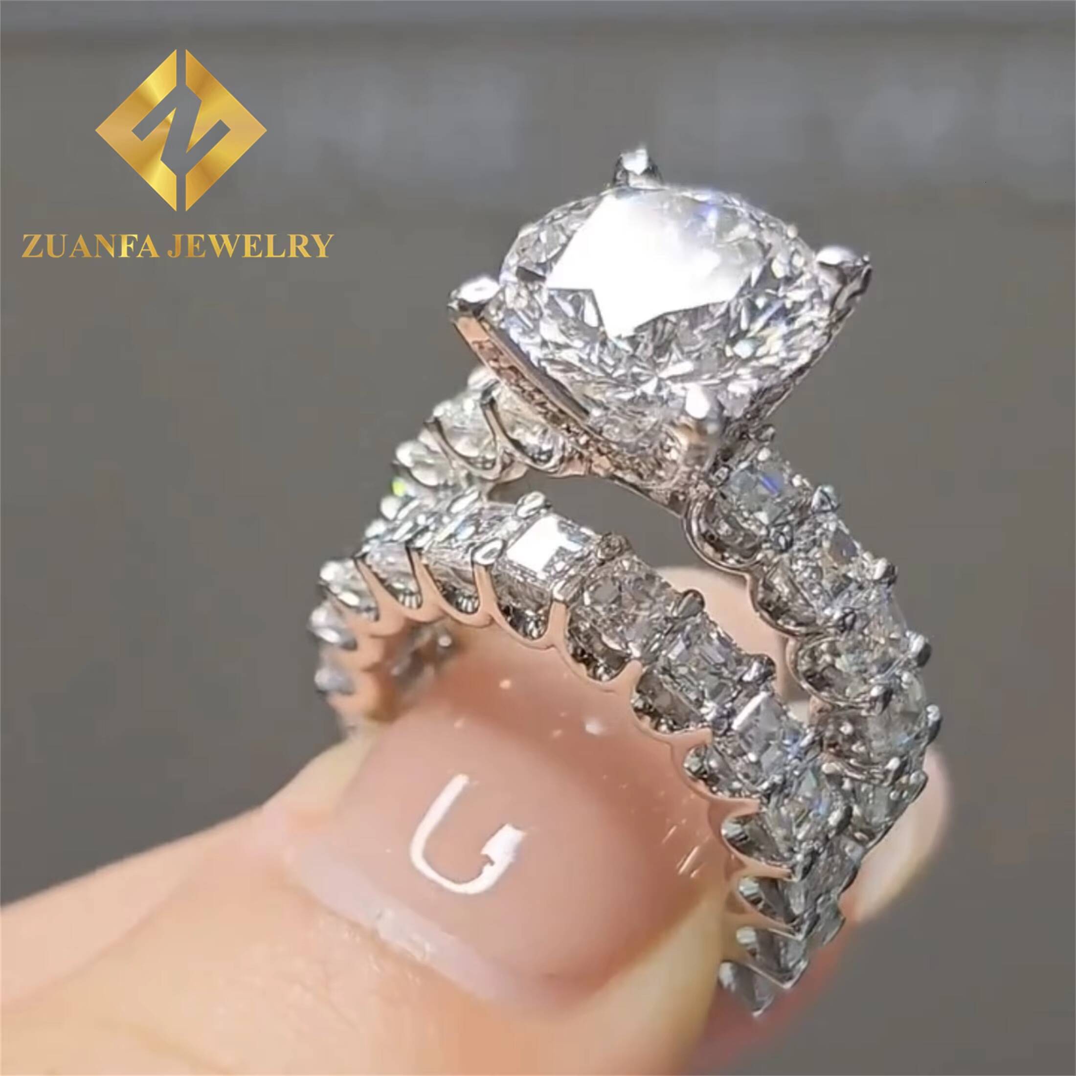 Customized Wedding Ring Round Cut +Asscher Cut Luxury Design Half Moissanite Band 10K White Gold Engagement Ring Custom Design