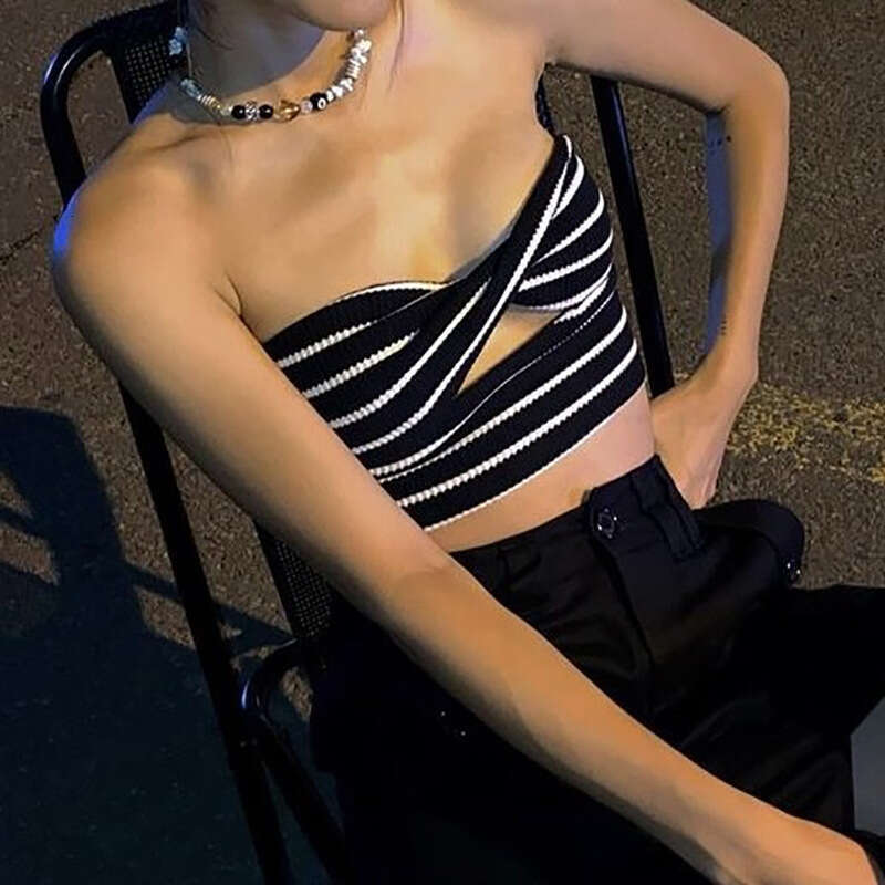2022 Summer New Women's Street Fashion Striped Sexy Hollow Out Crop Top 2a7
