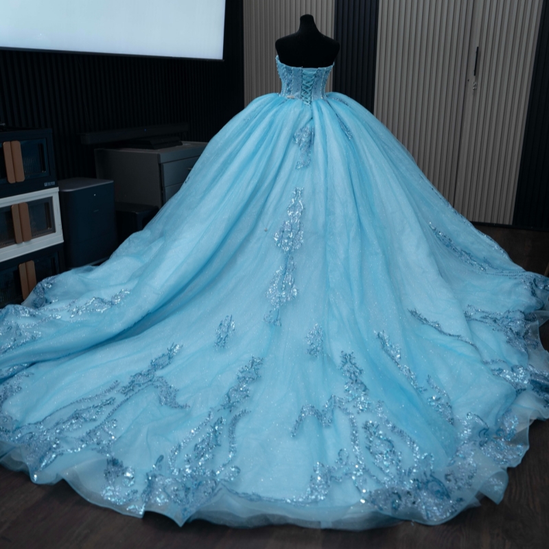 Sky Blue Quinceanera Dresses Ball Gown Off The Shoulder Applique Lace Beads Tull Corset Party Birthday Sweet 16 Dress Vestidos 15 Anos