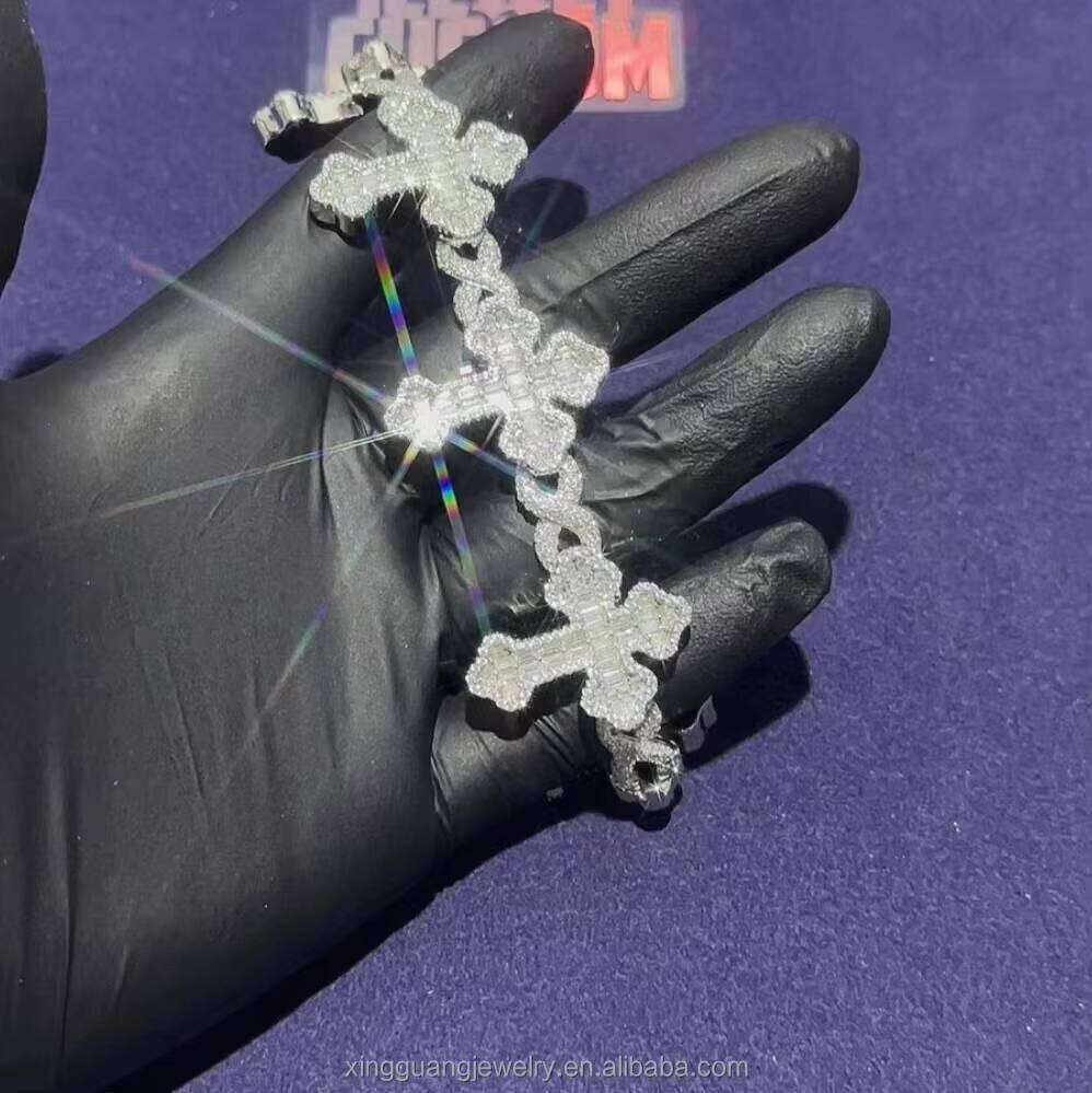 Cross Dia Hip Hop Chain Bracelet VVS Moissanite GRA Colorful 5A Moissanite Sterling Sier Gold Plate Fine Jewelry Bracelets