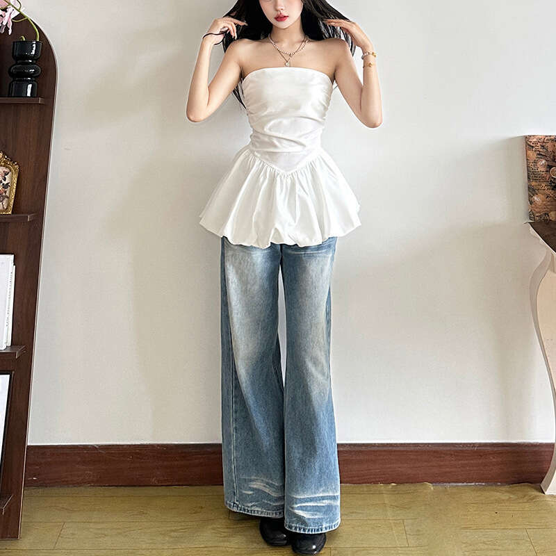 2025 Summer New Slim Fit Elegant Solid Color Sleeveless Backless Ruched Tube Versatile Women's Top c58