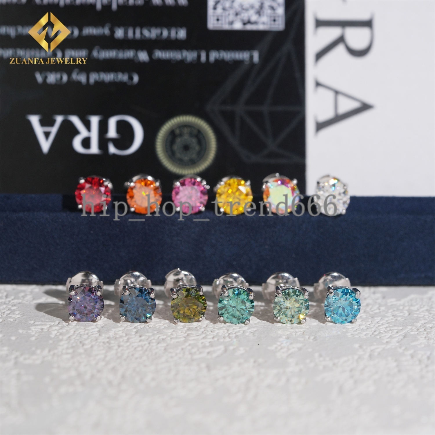 New Stock 12 Color Moissanite Diamond Stud Earring Iced Out 1ct Round Brilliant Cut 925 Silver Hip Hop Earrings