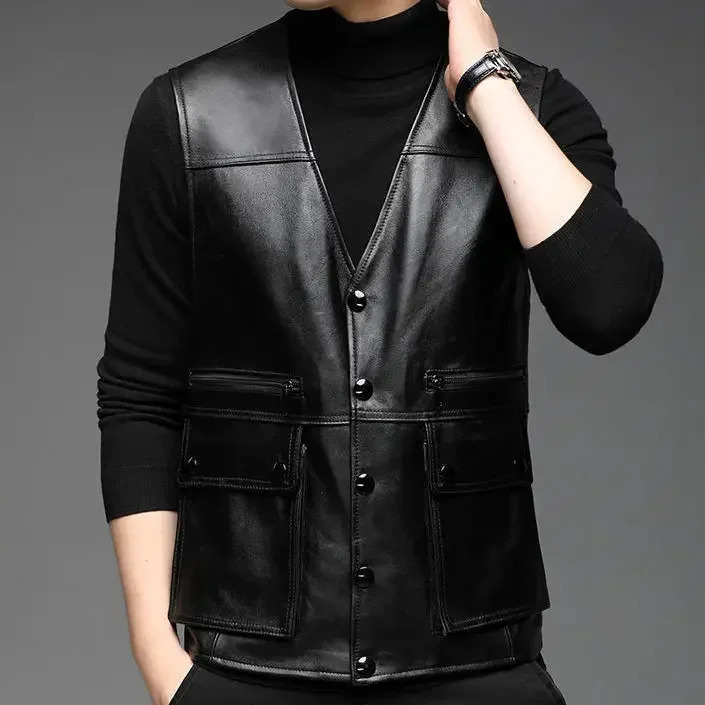 Genuine Leather Motorcycle Vest Mens sheepskin Waistcoat biker sleeveless jacket clothing chaleco bullet proof club vest 250725