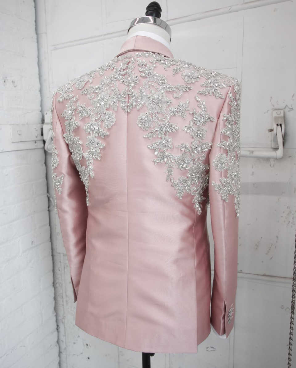 Noble Pink Men's Suits 2 Piece Set Jacket Pants Crystal Beaded Wedding Groom Tuxedo Party Evening Suits Customized
