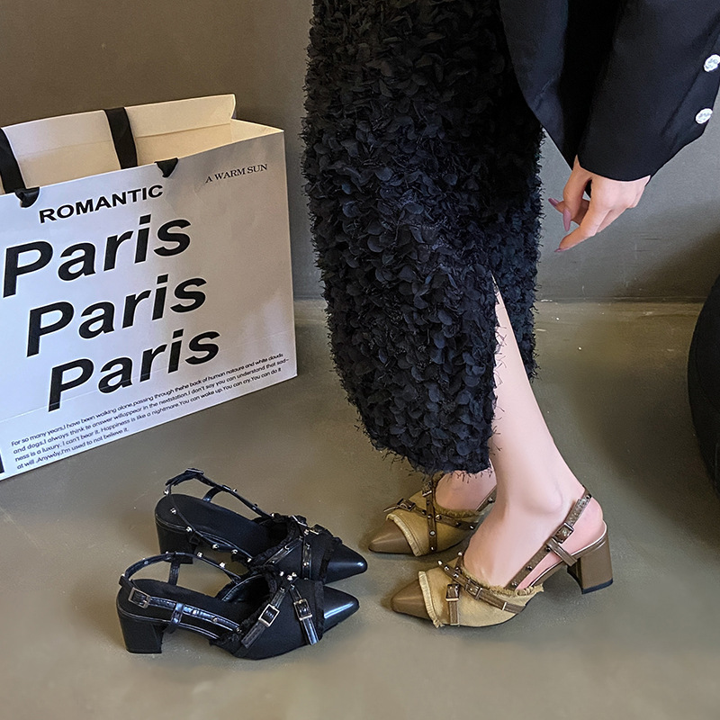 Ddmysports Chunky Heel Design High Heels Black Elegant Closed Toe Sandals Fairy Spring Summer Women S French Style Slippers Single Shoes Outdoor Shoes