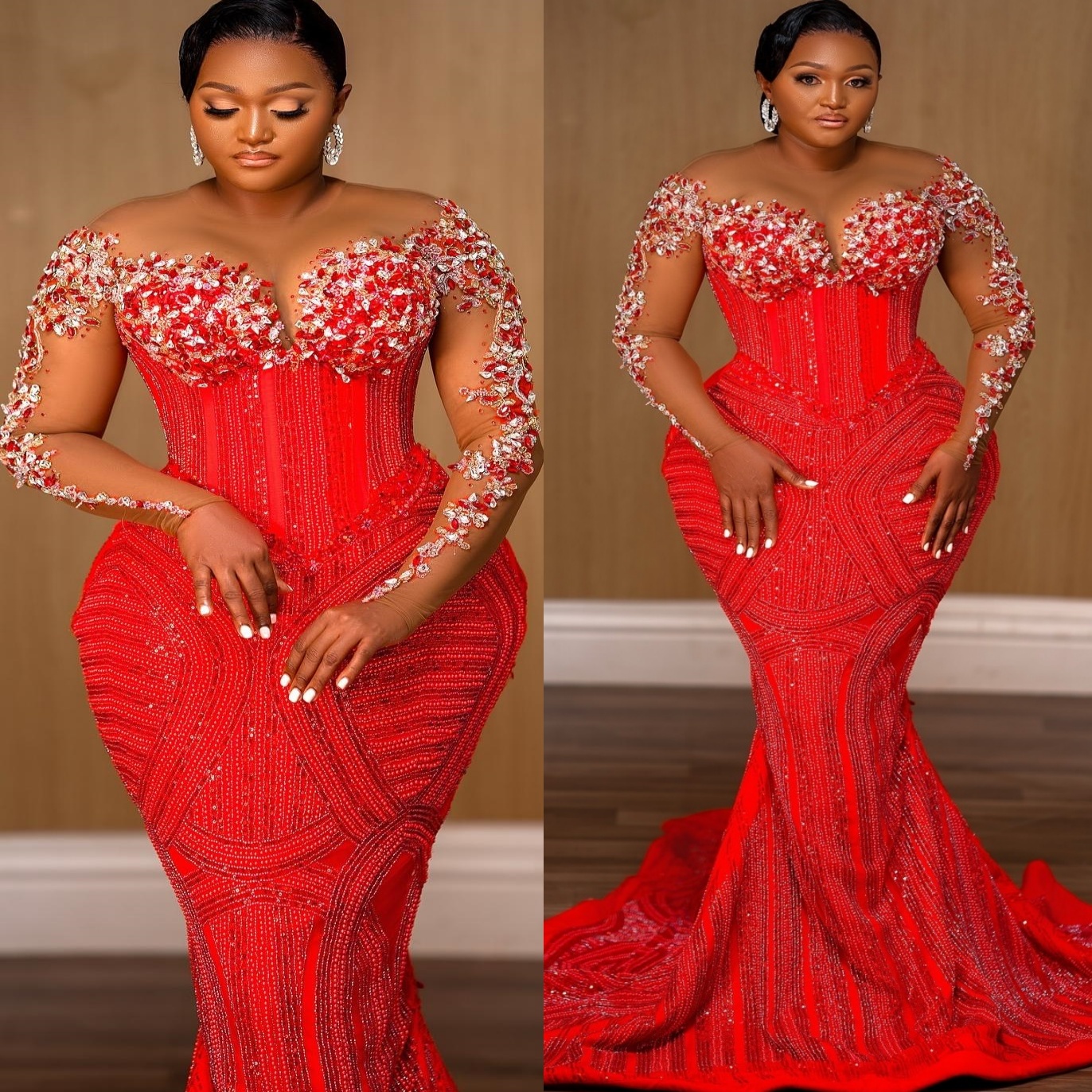 Mermaid Red Prom Dresses 2025 Lace Crystals Sequined Full Sleeves Evening Formal Party Second Birthday Engagement Gowns Plus Size Dress For Special Oc