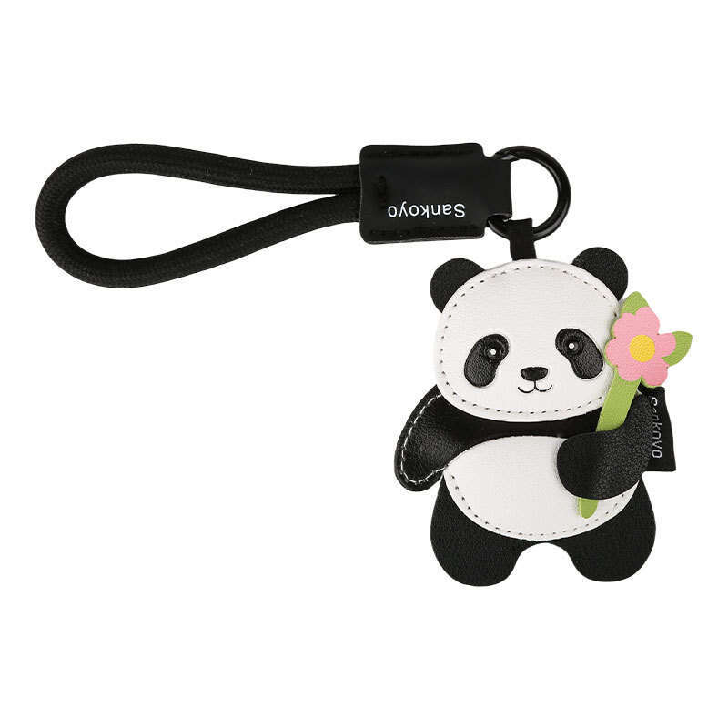 Genuine Panda Keychain Cute Cartoon Flower Holding Bamboo Leather Couple Bag Pendant Small Gift
