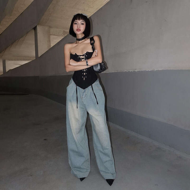 2023 Autumn Winter New Women's Solid Color Slim Street Fashion Off-Shoulder Sleeveless Tie Top 41c