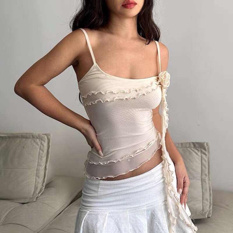 2024 Spring New Women's Solid Color Slim Street Fashion Strap Ruffled Backless Vest 143