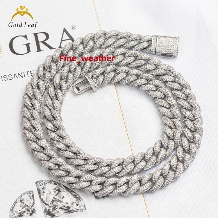 Goldleaf VVS Mossanite Cuban Chains S925 Silver Diamond Necklace Man 6MM-15MM Moissanite Hiphop Cuban Link Chain
