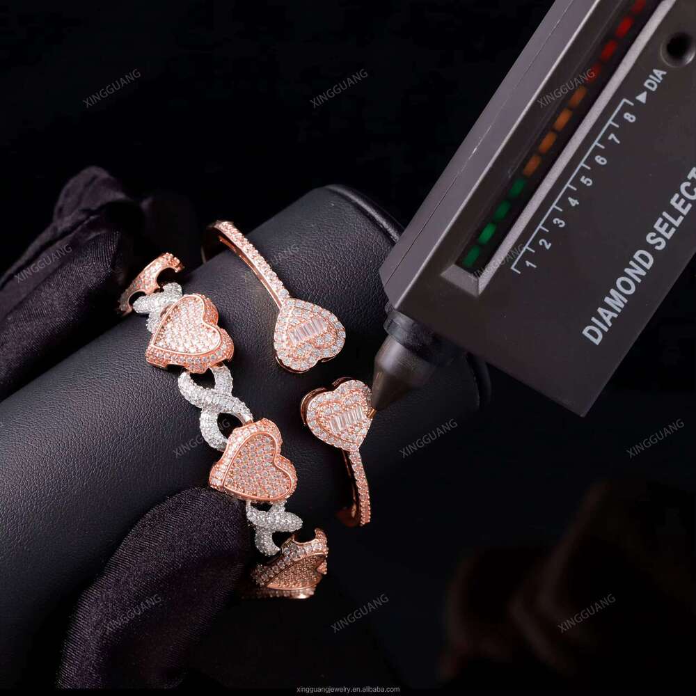 XG Pass Dia Tester Heart Iced Out Cuban Sier Vvs Moissanite Bracelets Bangle for Men
