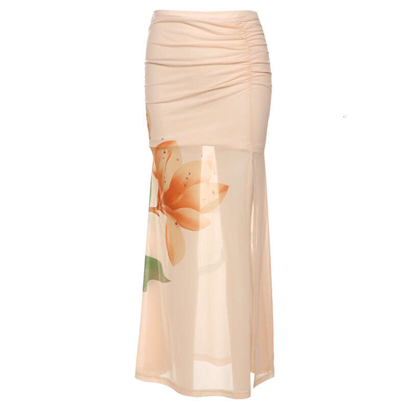 2025 Summer New Pure Desire Design Plant Print Top High Waist Slim Fit Elegant Midi Skirt 7b7