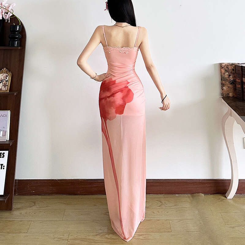 2025 Summer New Street Fashion Printed Sexy Strap and High Waist Bodycon Long Dress for Women 3a2