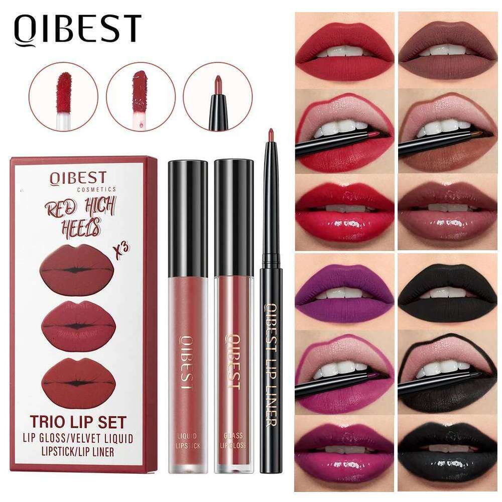 QIBEST 3pcs Liquid Lipstick+Lip Liner Set Makeup Nude Veet Gloss Long Lasting Non-stick Cup Red Lip Tint Cosmetics Kit X250725