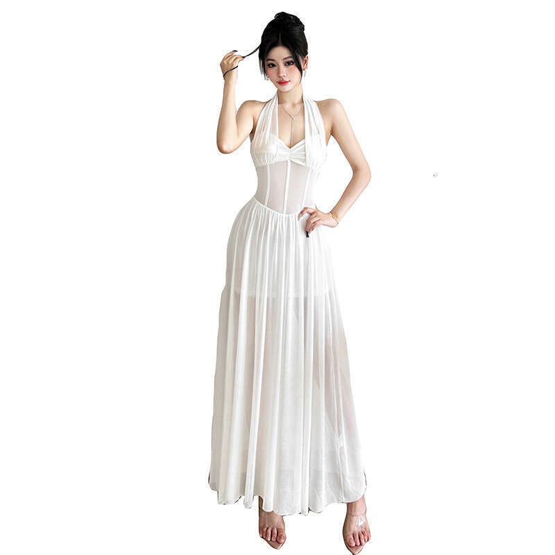 2025 Summer New Sexy Slim Halter Neck Sheer Mesh High Waist Slimming Pure Desire Dress for Women 689