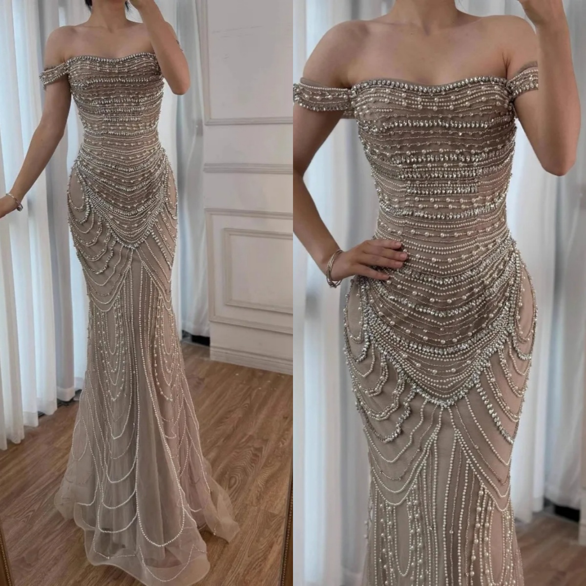 Charming Beading Mermaid Evening Dress Pearls Off Shoulder Sleeveless Prom Gowns Illusion Sweep Train Bridal Dresses Customized