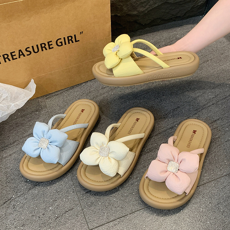 Ddmysports Fashion Rhinestone Flower Thick Sole Slippers For Women Summer Outdoor New Fairy Style One Strap Platform Sandals Outdoor Shoes